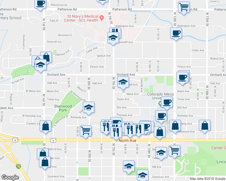 map of restaurants, bars, coffee shops, grocery stores, and more near 1707 North 7th Street in Grand Junction