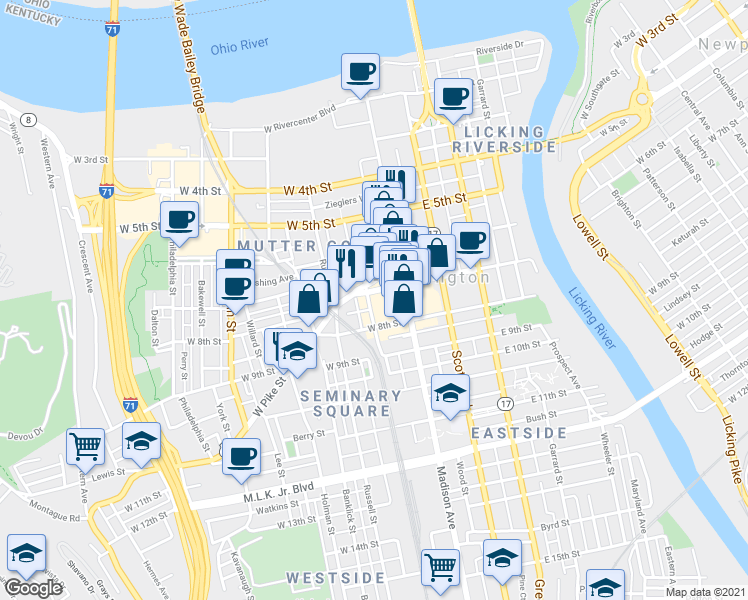 map of restaurants, bars, coffee shops, grocery stores, and more near 132 Washington Street in Covington
