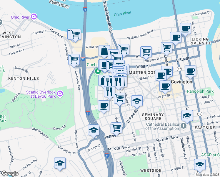 map of restaurants, bars, coffee shops, grocery stores, and more near 701 Bakewell Street in Covington
