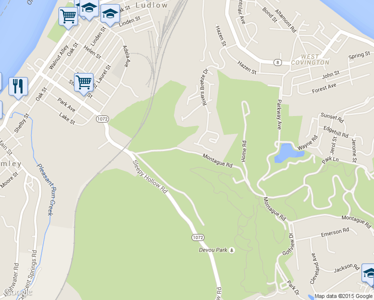 map of restaurants, bars, coffee shops, grocery stores, and more near 1760 Montague Road in Park Hills