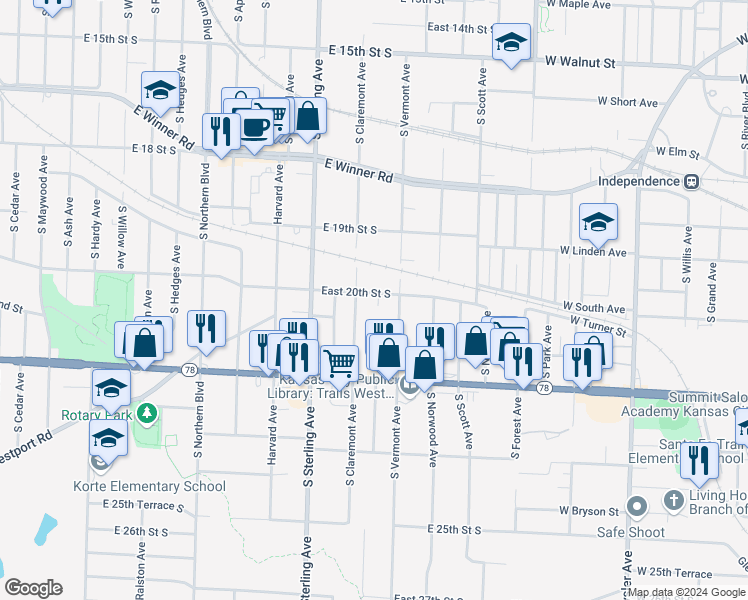 map of restaurants, bars, coffee shops, grocery stores, and more near 11325 East 20th Terrace South in Independence