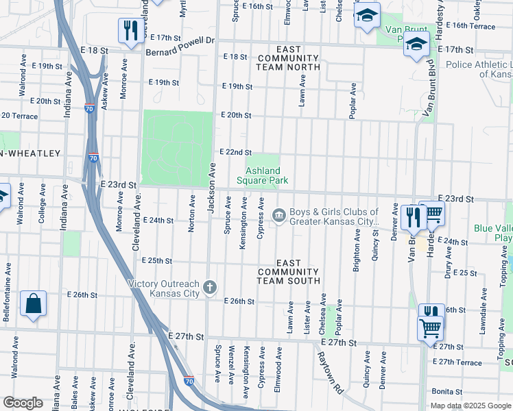 map of restaurants, bars, coffee shops, grocery stores, and more near 4404 East 24th Street in Kansas City