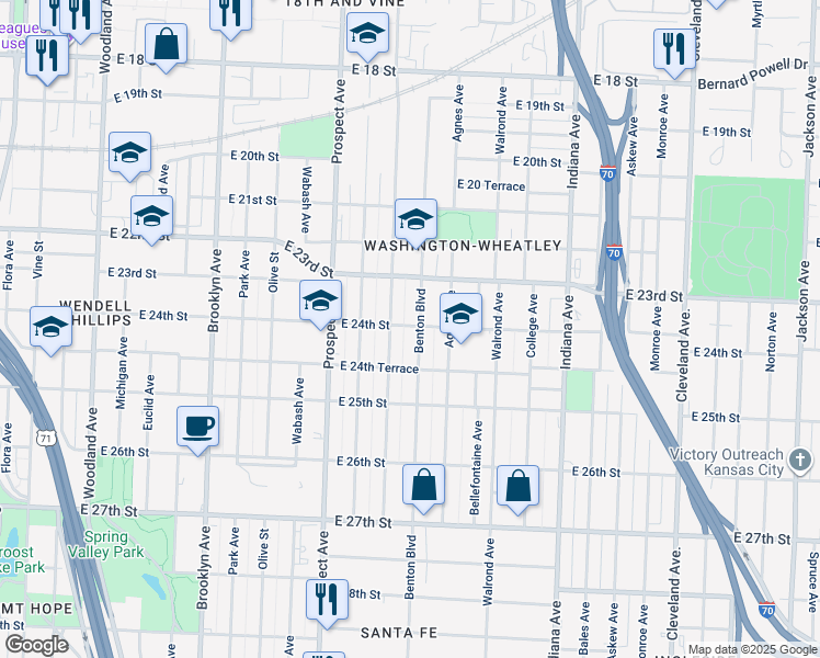 map of restaurants, bars, coffee shops, grocery stores, and more near 2413 Chestnut Avenue in Kansas City