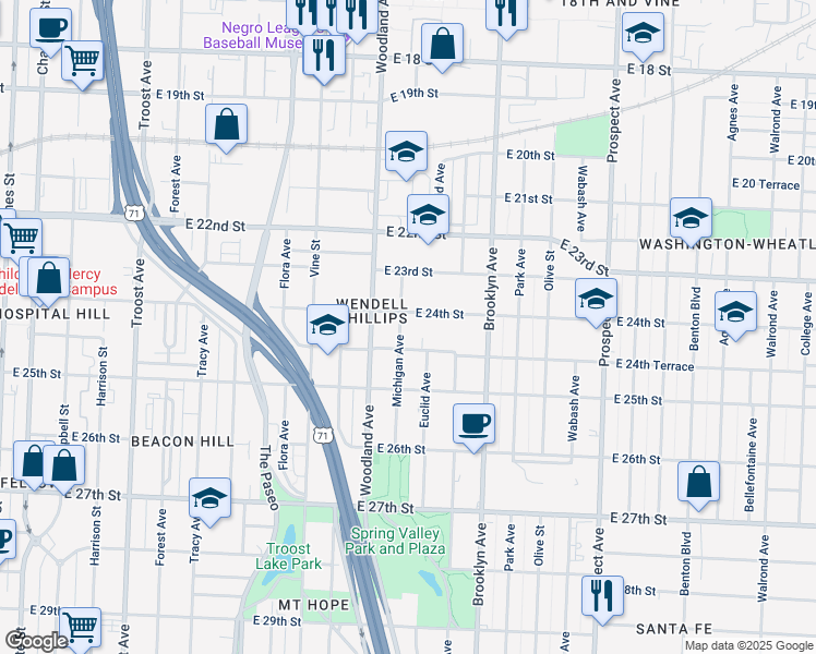 map of restaurants, bars, coffee shops, grocery stores, and more near 1902 East 24th Terrace in Kansas City