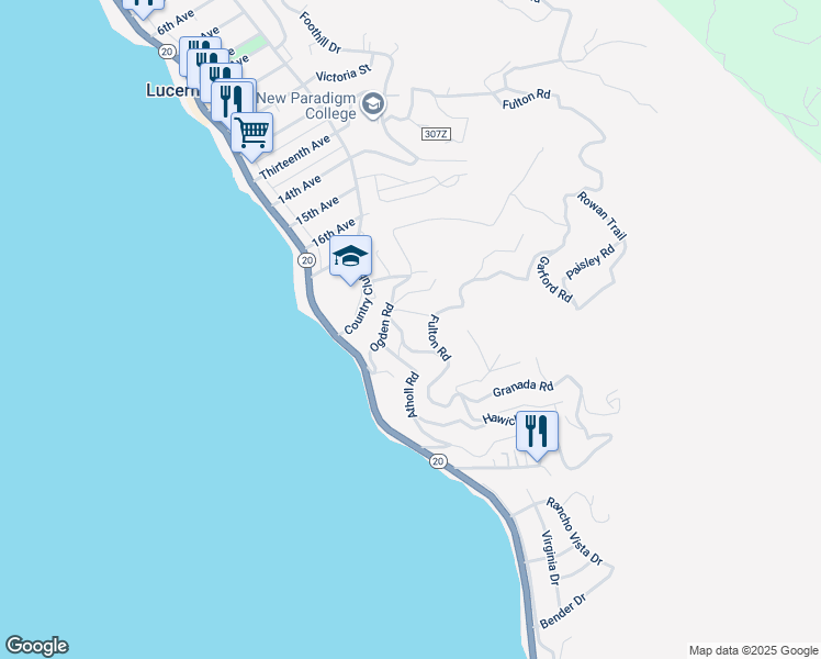 map of restaurants, bars, coffee shops, grocery stores, and more near 6616 Cheviot Road in Lucerne