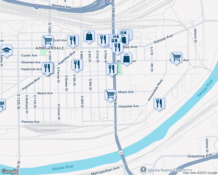 map of restaurants, bars, coffee shops, grocery stores, and more near in Kansas City