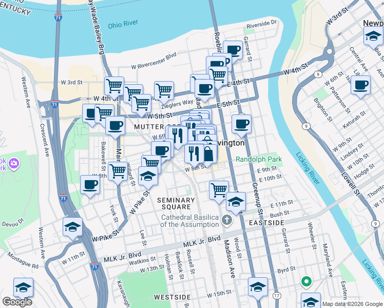 map of restaurants, bars, coffee shops, grocery stores, and more near 132 Washington Street in Covington