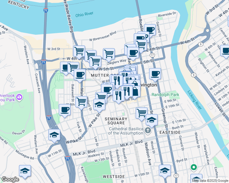 map of restaurants, bars, coffee shops, grocery stores, and more near 126 West Pike Street in Covington