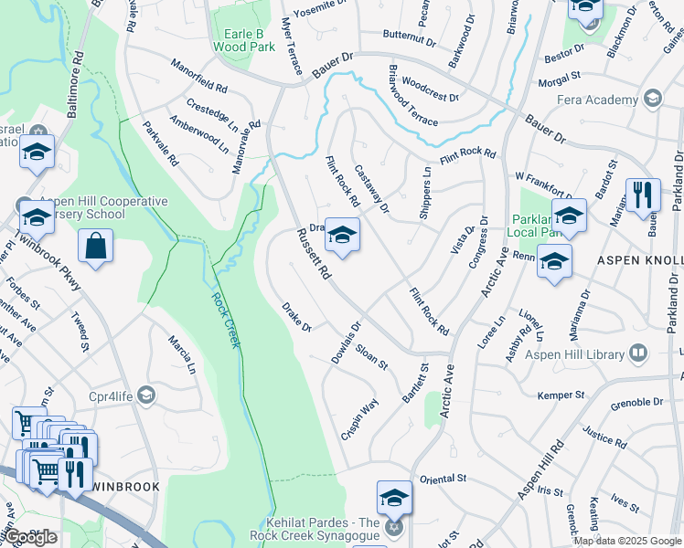 map of restaurants, bars, coffee shops, grocery stores, and more near 5121 Russett Road in Rockville