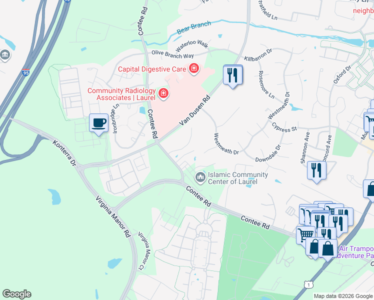 map of restaurants, bars, coffee shops, grocery stores, and more near 14103 Riverbirch Court in Laurel
