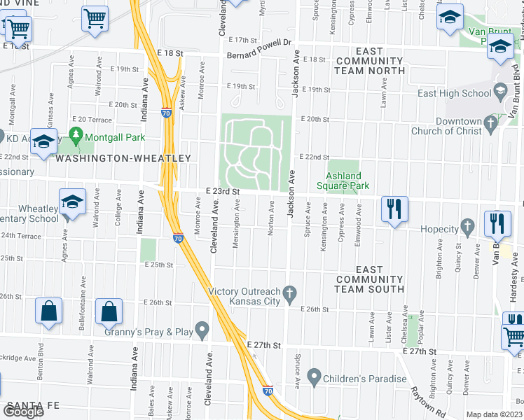 map of restaurants, bars, coffee shops, grocery stores, and more near 2317 Myrtle Avenue in Kansas City