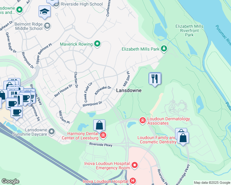 map of restaurants, bars, coffee shops, grocery stores, and more near 43915 Kittiwake Drive in Leesburg