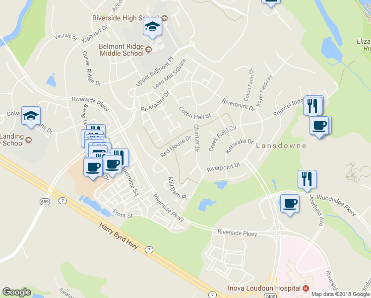 map of restaurants, bars, coffee shops, grocery stores, and more near 43728 Collett Mill Court in Leesburg