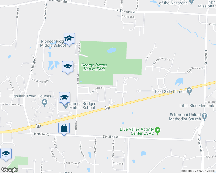 map of restaurants, bars, coffee shops, grocery stores, and more near 18704 East 19 Terrace South in Independence