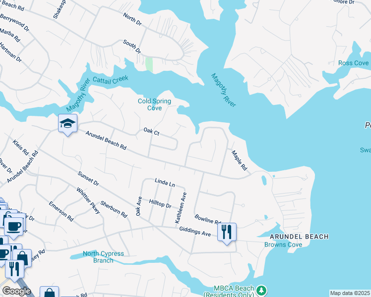map of restaurants, bars, coffee shops, grocery stores, and more near 484 White Cedar Lane in Severna Park