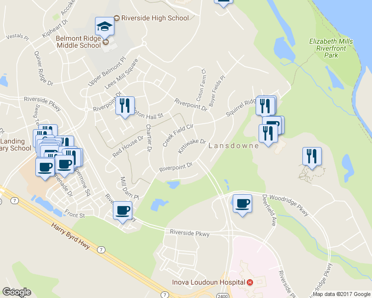 map of restaurants, bars, coffee shops, grocery stores, and more near 43859 Kittiwake Drive in Leesburg
