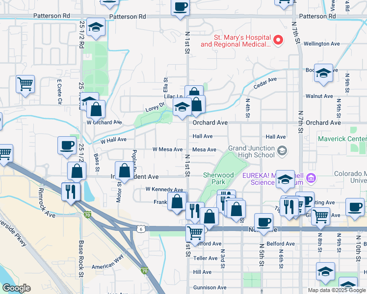 map of restaurants, bars, coffee shops, grocery stores, and more near 102 West Mesa Avenue in Grand Junction