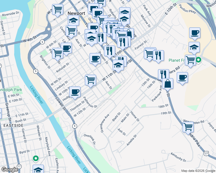 map of restaurants, bars, coffee shops, grocery stores, and more near 1147 Ann Street in Newport