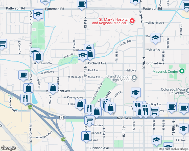 map of restaurants, bars, coffee shops, grocery stores, and more near 131 Mesa Ave in Grand Junction