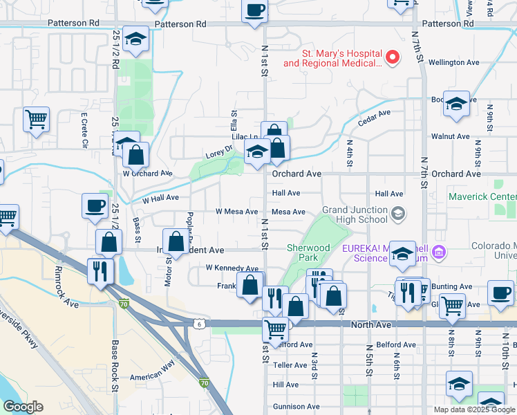 map of restaurants, bars, coffee shops, grocery stores, and more near 1655 North 1st Street in Grand Junction