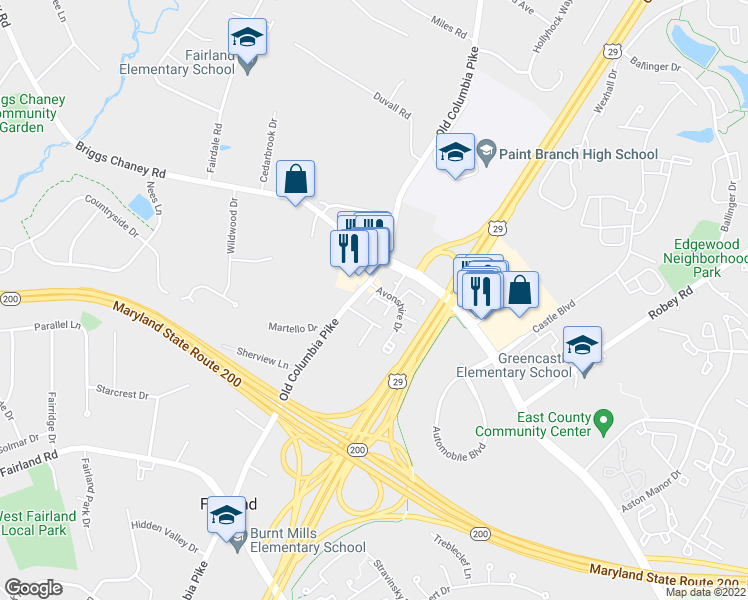 map of restaurants, bars, coffee shops, grocery stores, and more near 2907 Shepperton Terrace in Silver Spring