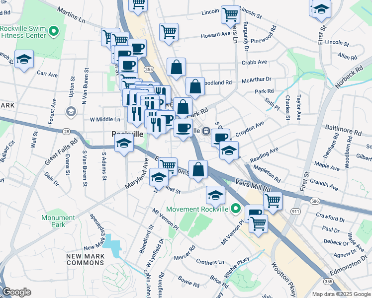 map of restaurants, bars, coffee shops, grocery stores, and more near 4 Monroe Street in Rockville