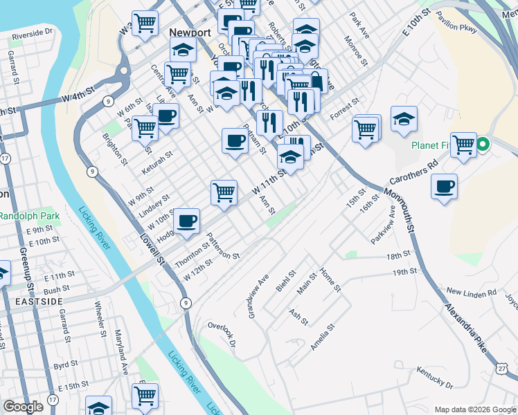 map of restaurants, bars, coffee shops, grocery stores, and more near 1134 Central Avenue in Newport