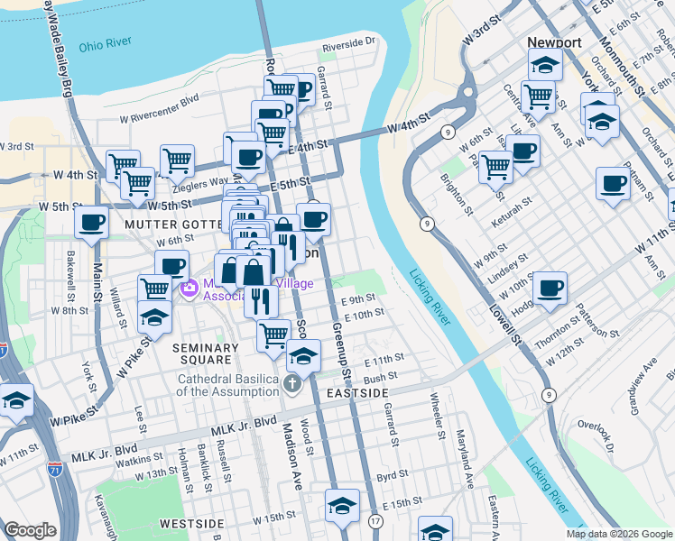 map of restaurants, bars, coffee shops, grocery stores, and more near 226 East 8th Street in Covington