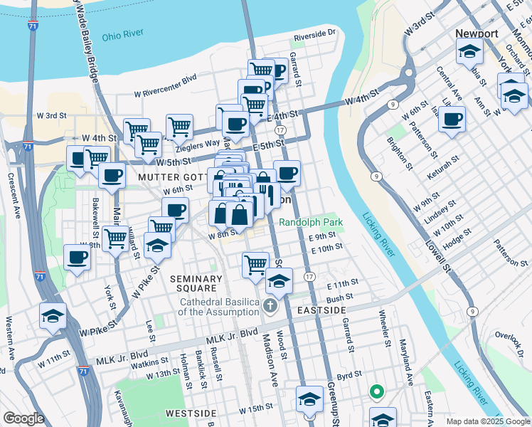 map of restaurants, bars, coffee shops, grocery stores, and more near 111 East 8th Street in Covington