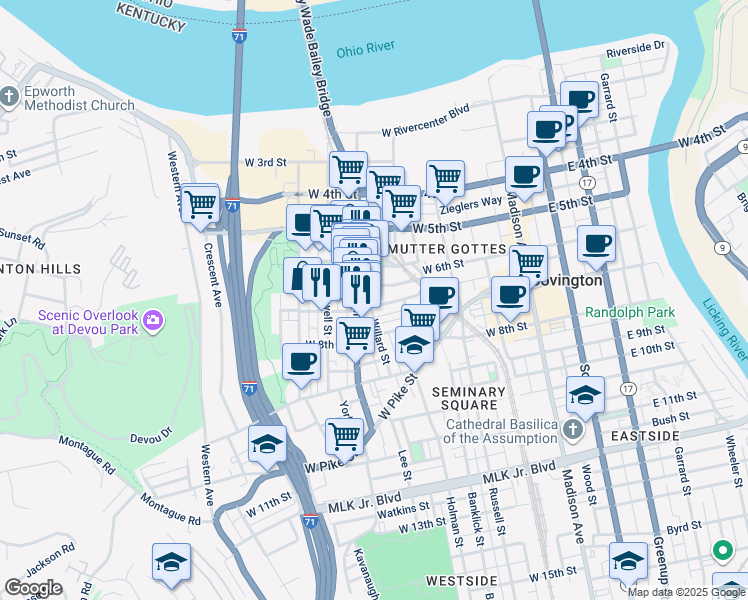 map of restaurants, bars, coffee shops, grocery stores, and more near in Covington