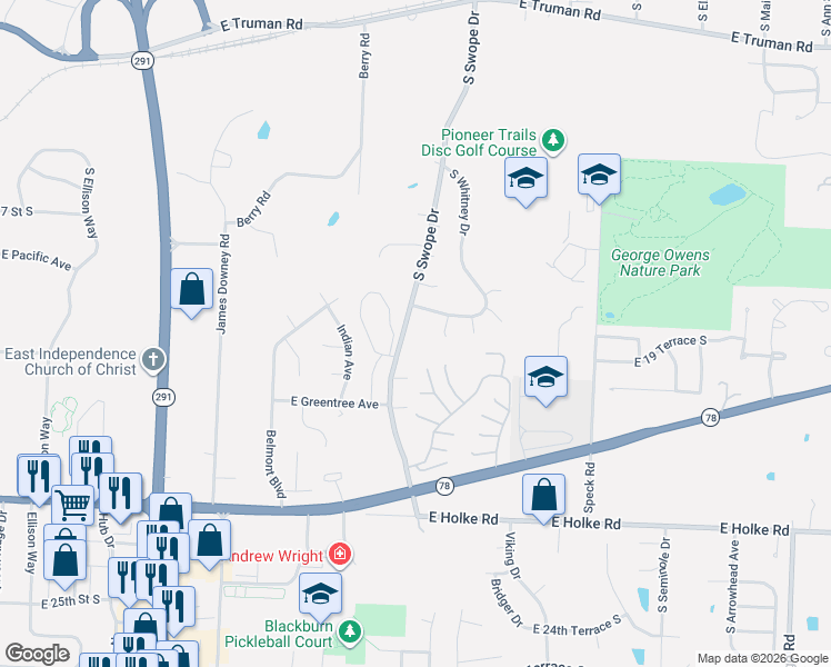 map of restaurants, bars, coffee shops, grocery stores, and more near 1827 South Swope Drive in Independence