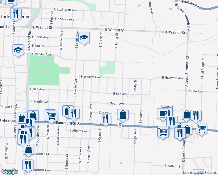 map of restaurants, bars, coffee shops, grocery stores, and more near 822 South Raymond Street in Independence