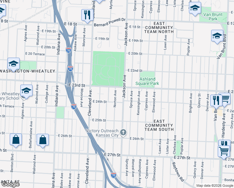 map of restaurants, bars, coffee shops, grocery stores, and more near 2339 Norton Avenue in Kansas City
