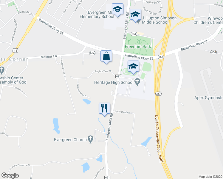 map of restaurants, bars, coffee shops, grocery stores, and more near 19357 Evergreen Mills Road in Leesburg