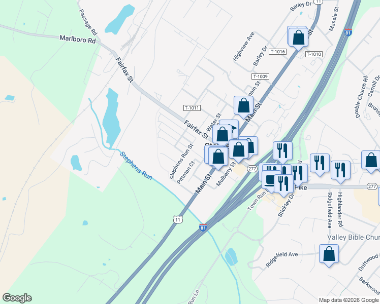 map of restaurants, bars, coffee shops, grocery stores, and more near 208 Stephens Run Street in Stephens City