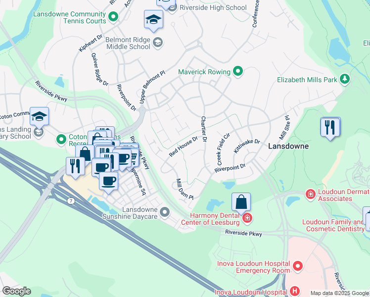 map of restaurants, bars, coffee shops, grocery stores, and more near 43705 Red House Drive in Leesburg