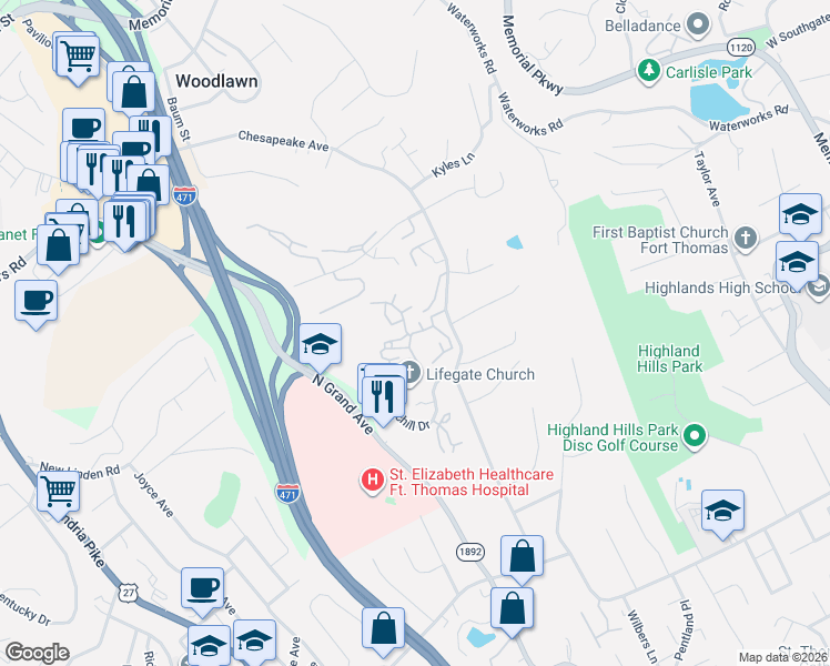 map of restaurants, bars, coffee shops, grocery stores, and more near Gettysburg Square Road in Fort Thomas
