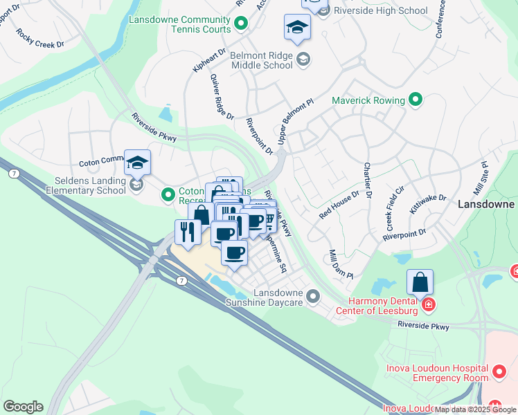 map of restaurants, bars, coffee shops, grocery stores, and more near 19278 Harlow Square in Leesburg