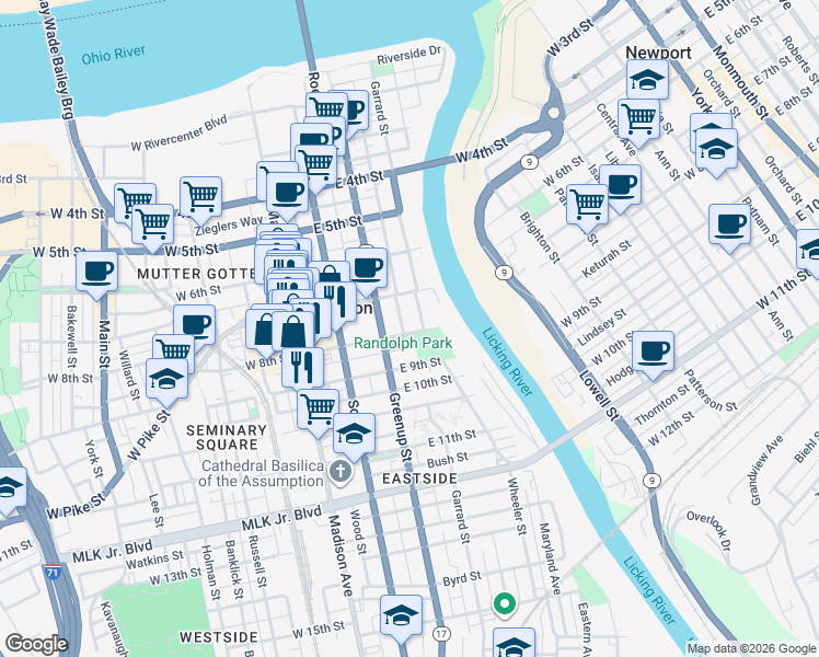 map of restaurants, bars, coffee shops, grocery stores, and more near 226 East 8th Street in Covington