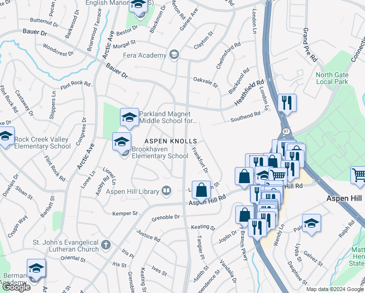 map of restaurants, bars, coffee shops, grocery stores, and more near 13814 Parkland Drive in Rockville