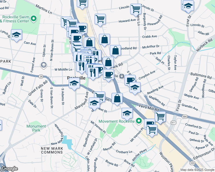 map of restaurants, bars, coffee shops, grocery stores, and more near 50 Monroe Place in Rockville