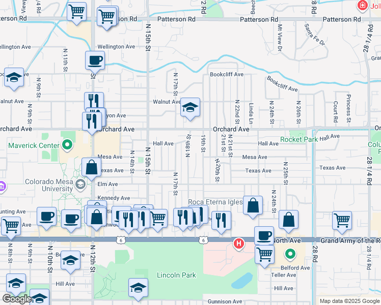 map of restaurants, bars, coffee shops, grocery stores, and more near 1716 North 18th Street in Grand Junction