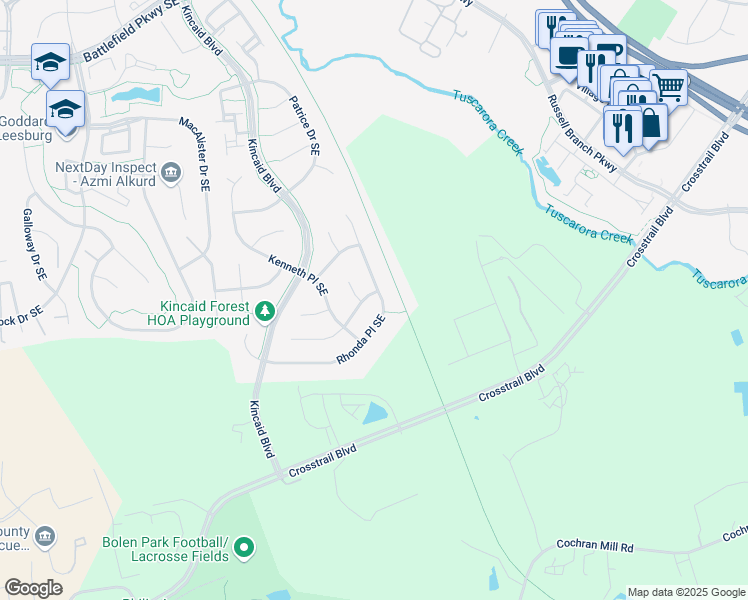 map of restaurants, bars, coffee shops, grocery stores, and more near 831 Winterberry Drive Southeast in Leesburg