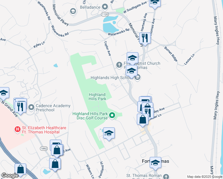 map of restaurants, bars, coffee shops, grocery stores, and more near 28 North Montrose Avenue in Fort Thomas