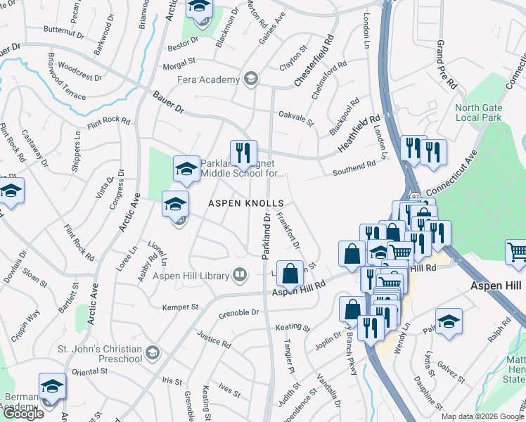 map of restaurants, bars, coffee shops, grocery stores, and more near 13814 Parkland Drive in Rockville