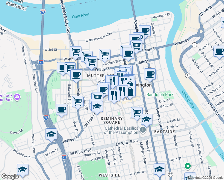 map of restaurants, bars, coffee shops, grocery stores, and more near 126 West Pike Street in Covington