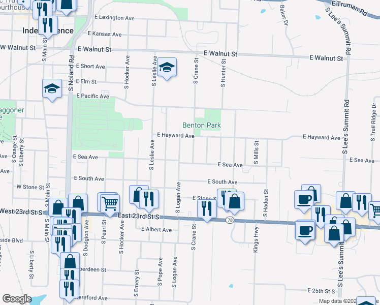 map of restaurants, bars, coffee shops, grocery stores, and more near 814 South Crane Street in Independence