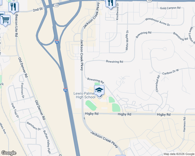 map of restaurants, bars, coffee shops, grocery stores, and more near 1605 Bowstring Road in Monument