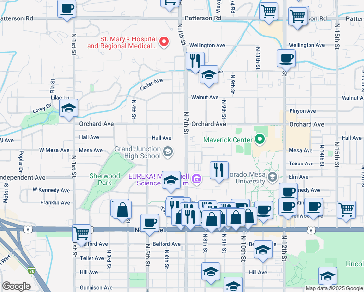 map of restaurants, bars, coffee shops, grocery stores, and more near 1630 North 7th Street in Grand Junction
