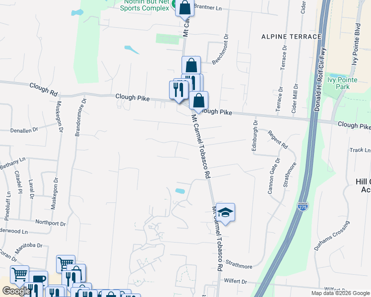 map of restaurants, bars, coffee shops, grocery stores, and more near 542 Sugar Maple Court in Cincinnati